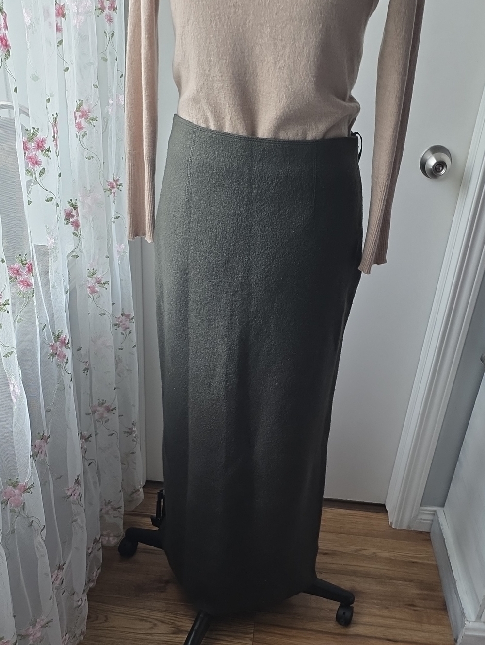 Rare Vintage 100% Wool Olive Maxi Skirt — Long Straight Silhouette